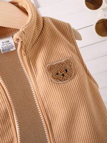 1pc Spring/Autumn New Baby Girls Crew Neck Sleeveless Jacket, Toddler Girls Beige Bear Print Vest, Fashionable Soft & Warm Casual Outerwear For Infant Daily Wear