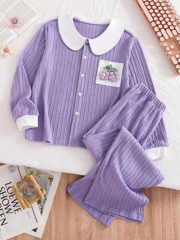 Sweet, Fashionable, And Casual 2 Pieces Long Sleeved Home Outfit For Girls, Featuring A Three-Dimensional Floral Decoration With A Purple Lapel Cardigan Button Top Paired With A Long Pants Set, Creating A Comfortable Princess Style That Is Perfect For Wearing, Reading, Resting, And Relaxing At Home. It Is Also Suitable As A Gift For Children Or Friends