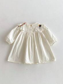 Autumn Baby Girls' Navy Collar Embroidered Long Sleeve Dress - Apricot - View 3