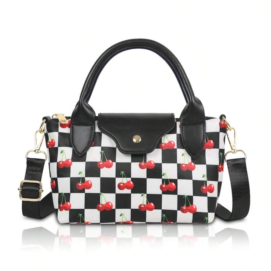 Czarno-biała torba w kratkę z regulowanym paskiem na ramię i nadrukiem wiśniowym – torba na ramię z wieloma kieszeniami, idealna do dojazdów do pracy, idealny prezent dla przyjaciół i rodziny