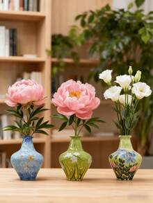 3 pièces Vases à fleurs en céramique peints à la main, vases en céramique vintage de forme de bulbe avec motifs floraux et papillons, faits main. Décoration de maison, arrangement floral, décoration de printemps, décoration de pièce, vase en verre