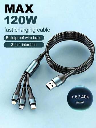 Cable de carga rápida multidispositivo 3 en 1 de 120W máx., con puerto de carga rápida Type-C. Totalmente compatible con iPhone y teléfonos y tabletas Android - Compatible con 16/15/14/13/12/11, Galaxy S24/S23/S22/S21, Vivo y otros modelos, y se puede usar universalmente con , dispositivos Android, cámaras, reproductores MP3, etc. Una opción ideal para regalos navideños/del hogar.