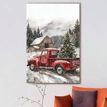 Vintage Red Pickup Truck And Christmas Tree Canvas Art Print - Suitable For Farmhouse Wall Decor In Living Room And Bedroom - Unframed