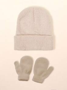 2 pezzi/set Guanti senza dita lavorati a maglia tinta unita + Cappello lavorato a maglia tinta unita per bambini, Set berretto invernale casual antivento e caldo per bambini e bambine per uso esterno - Cappello lavorato a maglia + guanti - Visualizzare 4