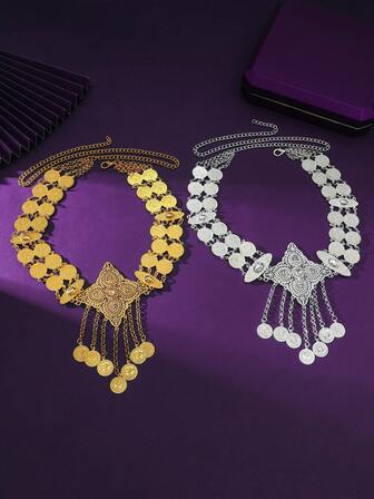 A Gold Zinc Material, Diamond Fringed Waist Chain Bridal Belt With Gold Engraved Coin Fringe Design Set With Diamonds Design To The Wedding Banquet Dance To Wear A Romantic Style Bridal Belt Fall Decor Valentine's Day Accessories