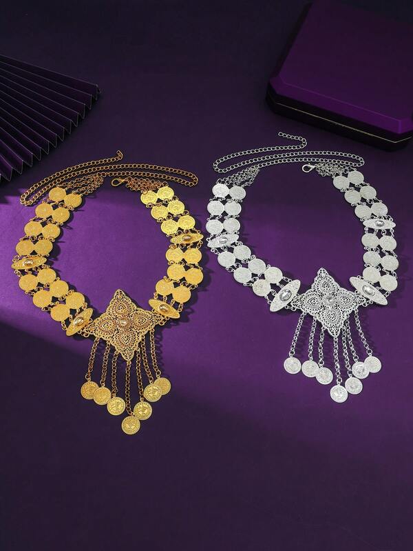 A Gold Zinc Material, Diamond Fringed Waist Chain Bridal Belt With Gold Engraved Coin Fringe Design Set With Diamonds Design To The Wedding Banquet Dance To Wear A Romantic Style Bridal Belt Fall Doecor