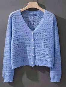 1pc Women's Shrug, Loose V-Neck Hollow Out Knitted Air-Conditioned Shirt, New Style Long Sleeve Sunscreen Cover Up Top Accessories Women