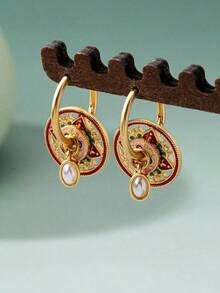 1 par de pendientes de aro de aleación de cobre con esmalte colorido en forma de trébol y geométrica, de moda y versátiles, pendientes de mujer para el Día de la Madre y regalo de Navidad, a - Corazón rosa claro - Ver 15