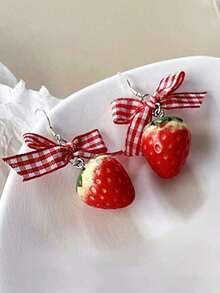 1pair Cute Strawberry Cake Design Earrings Sweet Bowknot Decor New Arrival For Women/Girls Valentines,Mom,Mother,Mother's Day,Gift - 紅色 - 查看 6