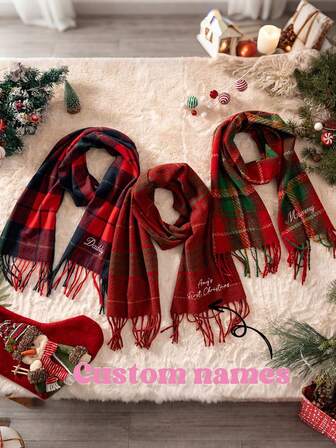 1pc Personalized Embroidered Retro Plaid Customized Name Scarf, Christmas, Winter Warm Scarf, Embroidered Scarf, Christmas Gift For Friends, Family, Kids, Outdoor