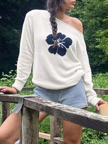 Fashionable Women's Jacquard Knit Loose Fit Oblique Shoulder Long Sleeve Sweater, Bold Floral Pattern, Slightly Stretchy Fabric