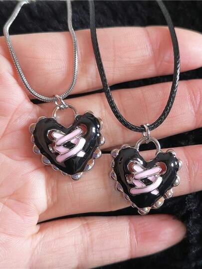 2 Pairs Punk Gothic Retro Black & Pink Heart Pendant Necklaces, Snake Chain Necklaces Suitable For Women, Halloween Gift, Party Gift