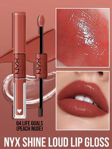 NYX Shine Loud 唇彩，04 Life goals（蜜桃裸色），持久液体唇膏，透明唇彩，持久液体唇膏，透明唇彩，丰盈双唇，增加唇部体积，增强唇部轮廓，双头设计，持久配方