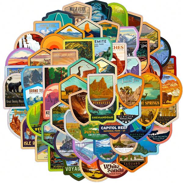 61pcs National Park Theme Stickers - Vinyl Self-Adhesive Decorative Aesthetic Decals - Suitable For Sticking On Trucks, Bottles, Notebooks, Scrapbooks, Cars, Diaries