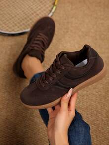 Student Fashion Lace-Up Low-Top Sneakers, Casual Campus Shoes For Teenage Girls - Brown - View 2