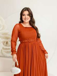 Long Tulle Dress, Plain Fabric, With Belt, Wedding, Holiday - 亮橙色 - 查看 3