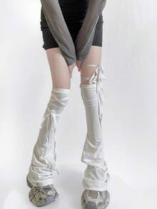 1双亚文化原宿哥特风过膝长筒袜，黑白相间，修身显瘦，时尚系带设计，不对称荷叶边，喇叭形袜口，适合Y2K甜美酷炫风、摇滚风、独特日常穿搭 - 彩色 - 查看 12