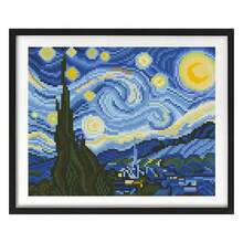 Van Gogh Starry Sky Cross Stitch DIY Kit, Classic Painting, 11CT Middle Grid Triple Strand, Beginner Starter Set, 33*28cm Home Decor Painting