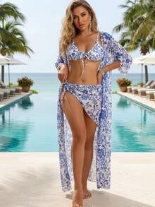 4pcs/Set Sexy Printed Women Swimwear Bikini Split Mesh Cover Up Skirt Triangle Bottom Split Beach Cover-Up Swimwear Summer