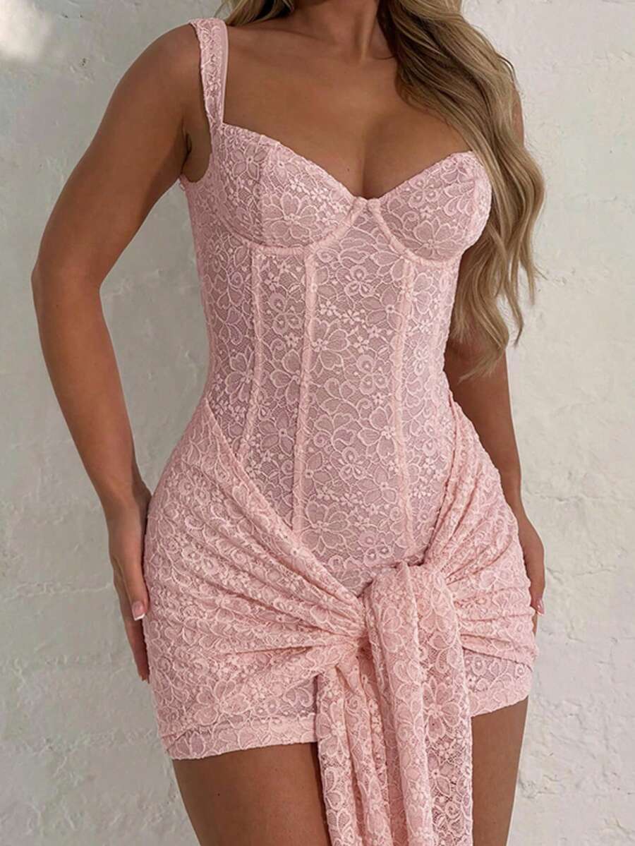 Onicee 夏季连衣裙，粉色浪漫蕾丝吊带裙，优雅派对礼服，适合情人节、约会、聚会、派对、旅行、度假、海滩等场合。 - 粉色 - 查看 1