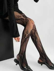 1/2 Pair Black Floral Pattern Women Fishnet Socks, Lace Trim Hollow Out Sexy Retro Rose Vine Leaf Breathable Pantyhose - Black - View 7