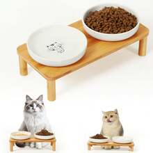 Elevated Cat Bowls For Indoor Cats – Raised Bamboo Cat Food Table With 2 Ceramic Dishes, Adjustable Height (4.25"/3.07"), Whisker Friendly Feeding Station{"Size_name":"Rectangle"} - 長方形 - 查看 9