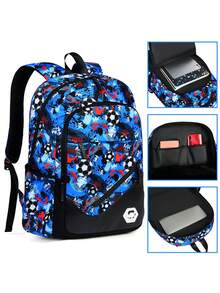 Mochila con estampado de fútbol para hombres, mochila escolar de moda con graffiti y color contrastante, mochila para portátil casual de gran capacidad y acolchada con múltiples bolsillos, adecuada para la universidad, vuelta al colegio, viajes y uso casual