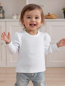 Toddler Baby Girl Ribbed Tops T-Shirt Solid Color Fly Long Sleeve Round Neck Shirts Casual Fall Clothes - 白色 - 查看 6
