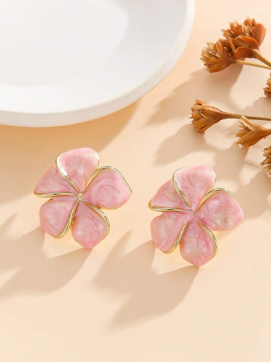 1 Pair Fashion New Style Enamel Flower Shape Stud Earrings Jewelry Gift For Women Girls - Pink - View 1