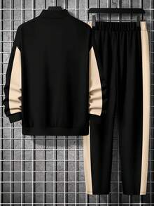 Men's Contrast Color Patchwork Letter Print Zip-Up Sweatshirt And Pants Set