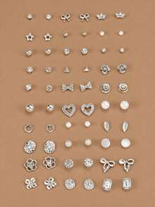 30pcs/Set Minimalist Bow, Flower, Pearl & Metal Cute Sweet Style Earrings Set For Girls - Silver - View 1