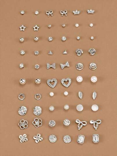 30pcs/Set Minimalist Bow, Flower, Pearl & Metal Cute Sweet Style Earrings Set For Girls