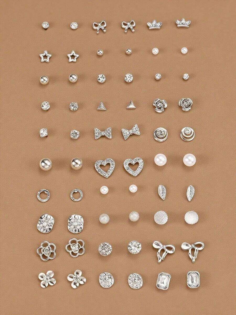 30pcs/Set Minimalist Bow, Flower, Pearl & Metal Cute Sweet Style Earrings Set For Girls - Silver - View 1
