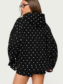 Womens Loungewear Set, Oversized Polka Dot Hoodie With Matching Shorts  White Black Dot Casual Two Piece Outfit For Women - 黑色 - 查看 3
