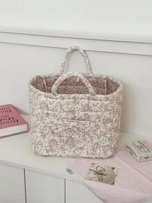 1Pc Floral Print Quilted Storage Basket, Foldable Large Capacity Bag With Handle, Multifunctional Organizer For Cosmetics, Toys, Laundry & Home Decor - Multicolor - View 4