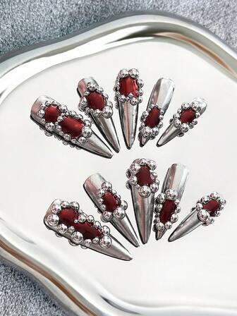 45MM Extra-Long Stiletto Nails Handmade French Press-On Nails With Multi-Color Tips, Steel Bead Accents, Cat Eye Mirror Powder Gradient, Hand-Painted Halloween-Themed Creative Patterns & Color-Clashing 3D Designs - Full Cover Artificial Handmade DIY Glitter False Nails For Parties, Outdoor, Beach, Daily, Holidays, Gatherings, Work & Special Events - 10 Pieces/Bag