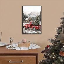 Vintage Red Pickup Truck And Christmas Tree Canvas Art Print - Suitable For Farmhouse Wall Decor In Living Room And Bedroom - Unframed