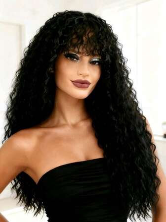 26 Inch Black Long Curly Wig With Bangs Heat Resistant Synthetic Fiber,Rose Mesh Cap,Cute,Fashionable,Natural Look For Women Daily And Party Wear