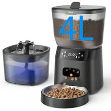 Automatic Feeder And Fountain, 4L/16 Cups Timed Dry Food Dispenser, 10s Meal Call, 20 Portions 6 Meals Per Day, 2L Cats Fountains Drinking With, Pet Feeder Dog Black - 黑色 - 查看 9