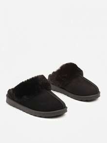 Faux Suede Slip-On Slippers With Fur - Black - View 5