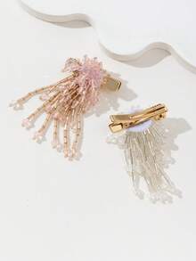 2pcs/Set Elegant Sparkling Pink & White Crystal Beaded Tassel Hair Accessories, Suitable For Daily Wear, Parties, Holidays, Dates, Gifts, Looks Of Party, Claw Clips