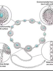 Elegant Women's Chain Belt With Turquoise Blue Stone - Bạc - Xem 7