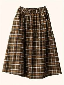 Plus Size Elegant Brown Plaid Mid-Length Skirt With Pockets, Non-Stretch Woven Fabric - Brown - View 4