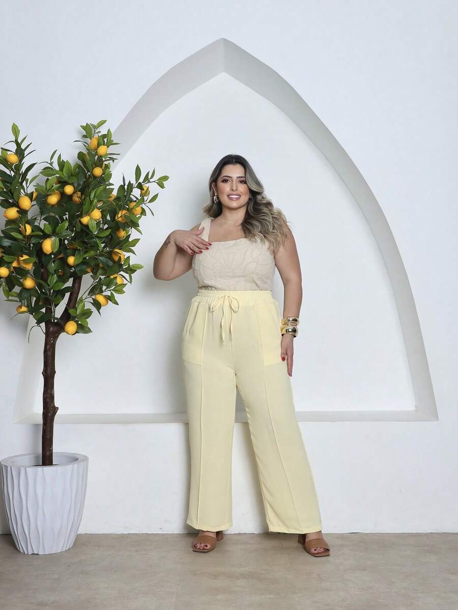 Duna Plus Size Pantalona - 奶油黃 - 查看 1