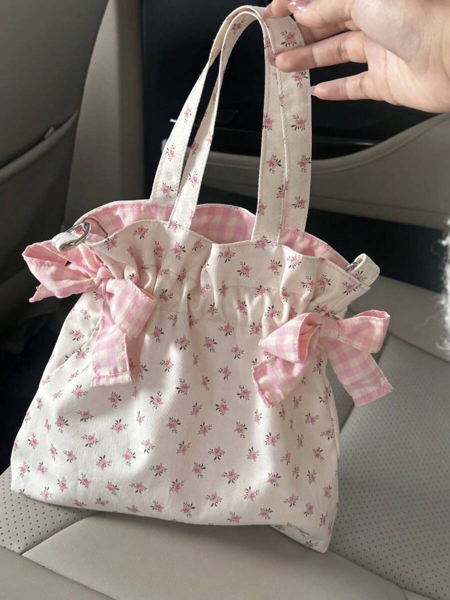 简约甜美单肩包大容量印花托特包时尚甜美系蝴蝶结收纳手提包帆布腋下包女 - 彩色 - 查看 1