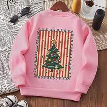 Young Girl Christmas Tree & Bell Double-Sided Print Thermal Lined Crew Neck Sweatshirt, Casual Autumn/Winter