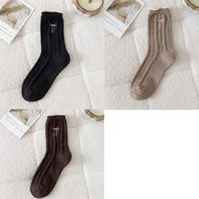 1/2/3/5 双装女士中筒袜，适合秋冬季节，可爱蝴蝶结图案，保暖舒适，可搭配靴子，厚羊毛袜，舒适袜