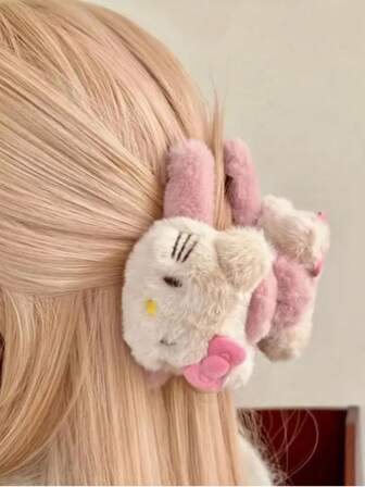 Sanrio 1pc Cute Hello Kitty Claw Plush Hair Clip, Soft Knitted Fabric, Fashionable Accessory For All Seasons Elegant Claw Clip Winter Hair Accessories Fashion Hair Clutch
