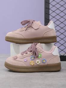 1 Pair Girls Floral PU Hook And Loop Design Classic European Style Casual Sneakers, Suitable For All Seasons - Pink - View 7