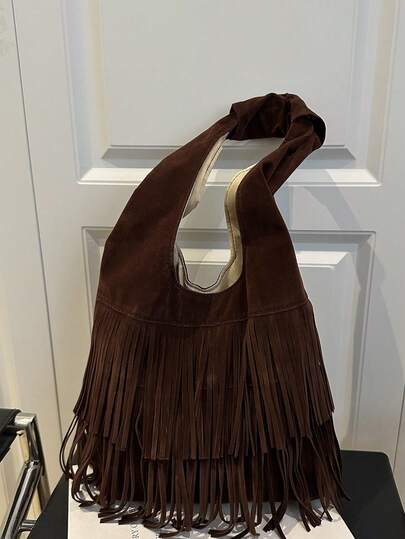Casual Retro Large Capacity Suede Fringe Commuter Handbag For Women, 2026 New Versatile Underarm One Shoulder Bucket Bag, Solid Color